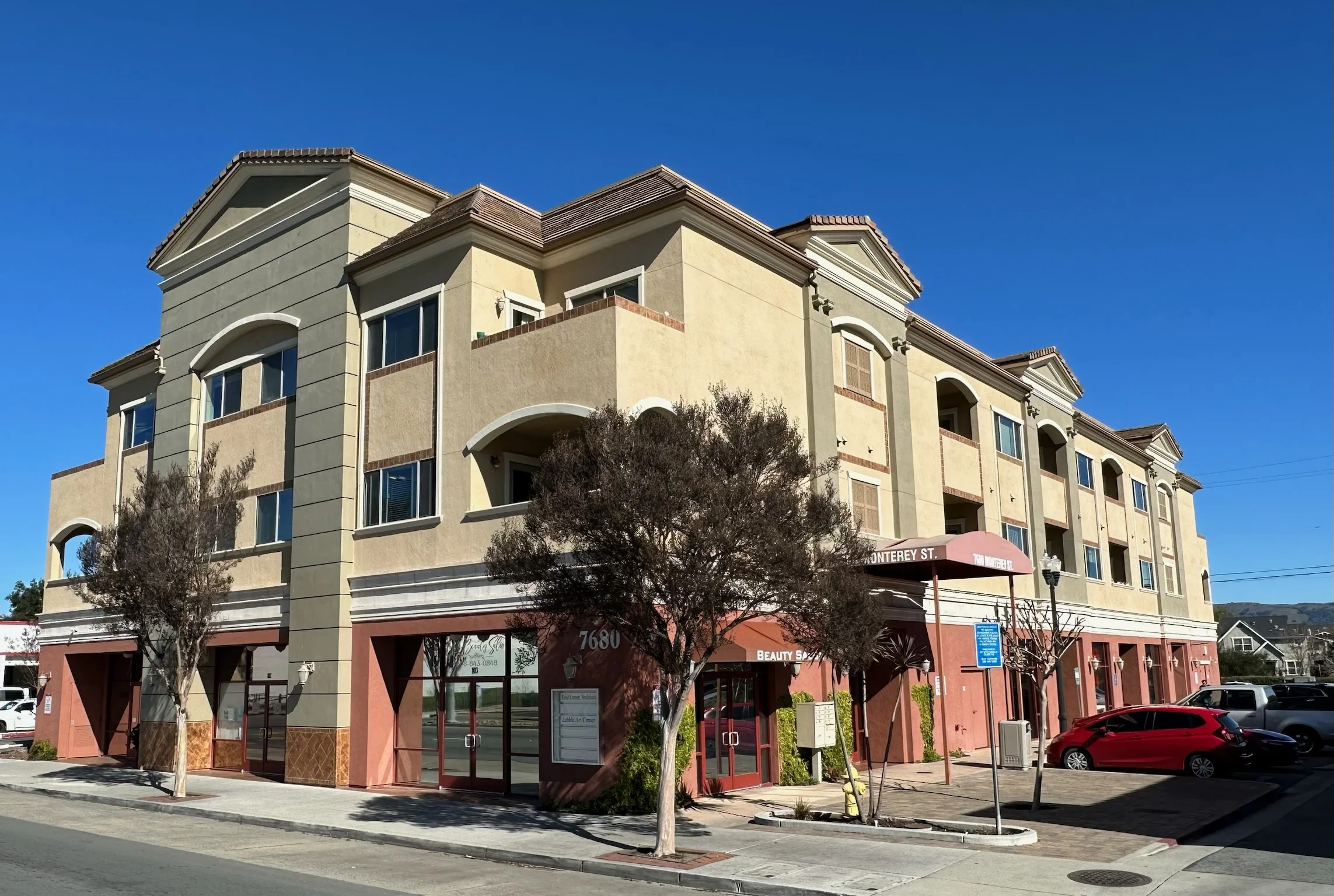 Monterey Terrace Apartments exterior in downtown Gilroy, CA