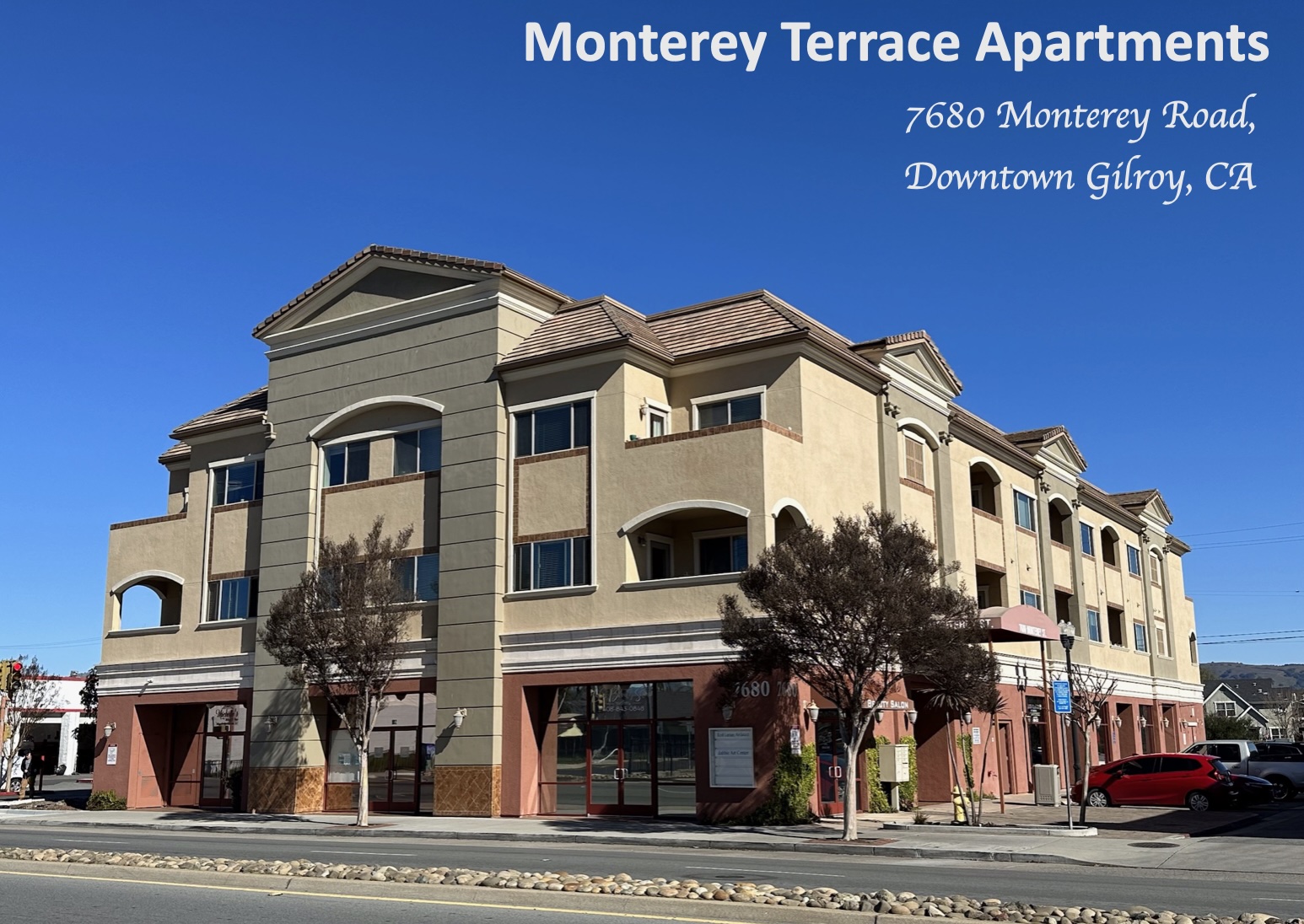 Monterey Terrace Apartments exterior in downtown Gilroy, CA