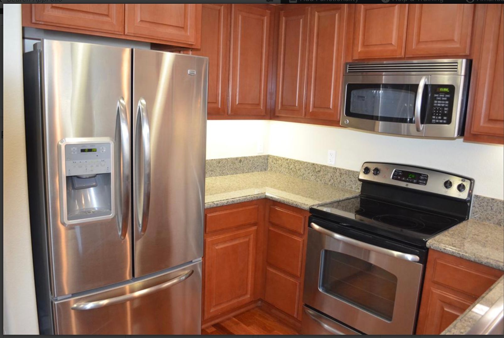 Stainless steel appliances and granite counters